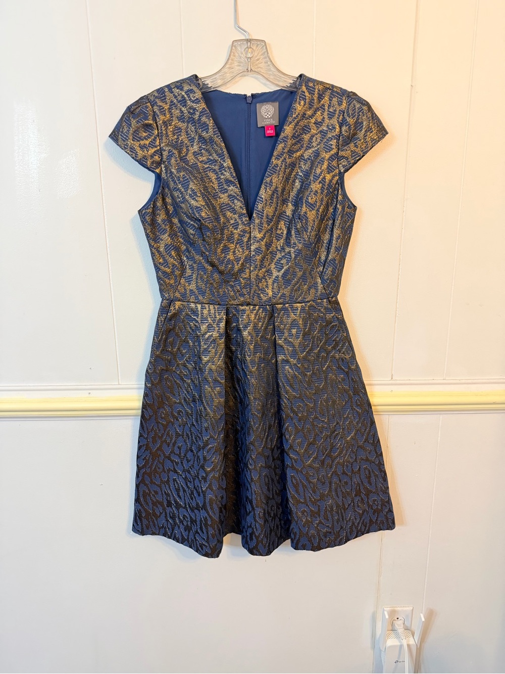 Vince Camuto Navy and Gold V-Neck Fit-and-Flare Mini Dress